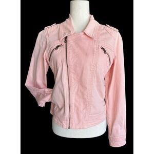 Sanctuary Motto Denim Jacket Size Small Light Coral Pink Zippers Girlie Cool‎